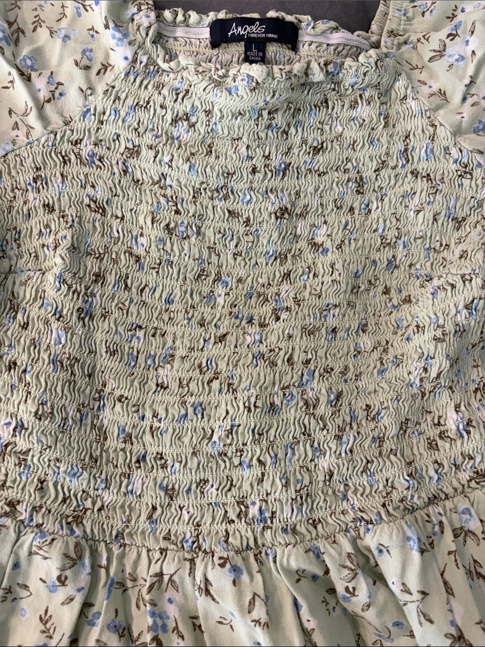 Angels Light Green Floral Smocked Puff Sleeve Dress - Picture 3 of 3